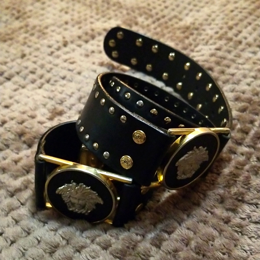 Vintage Gianni Versace Belt Two Tone Medusa Head Medallions with Medusa Studs